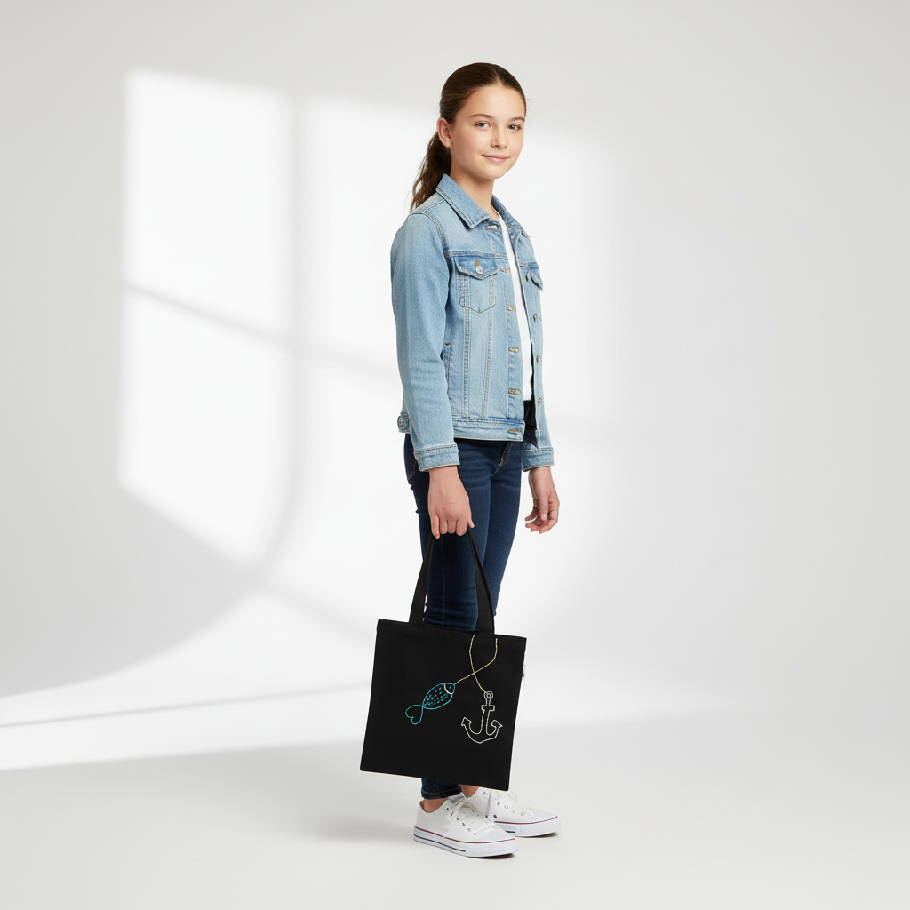 13-year-old girl holding black nautical small tote bag