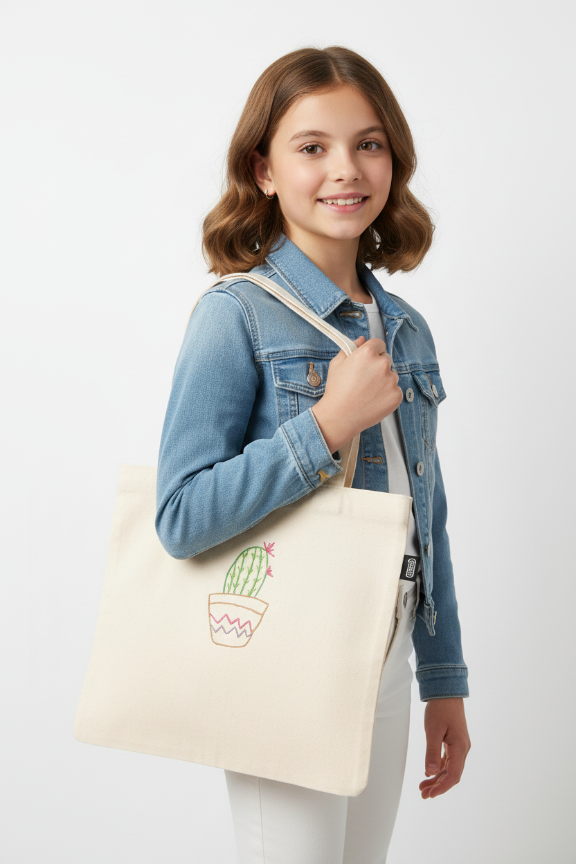 13-year-old girl holding cactus tote bag - alternative pose