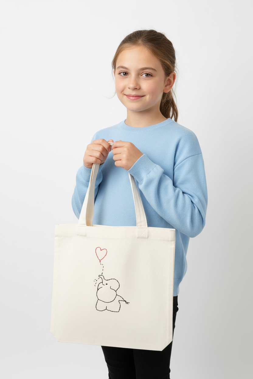 13-year-old girl holding cream white canvas tote bag with embroidered baby elephant and heart balloon