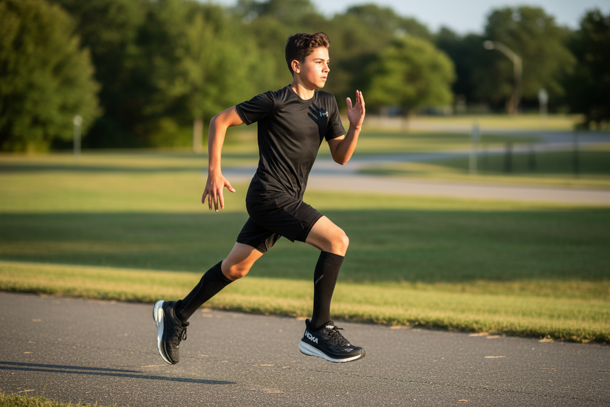 14-year-old boy wearing HOKA running shoes