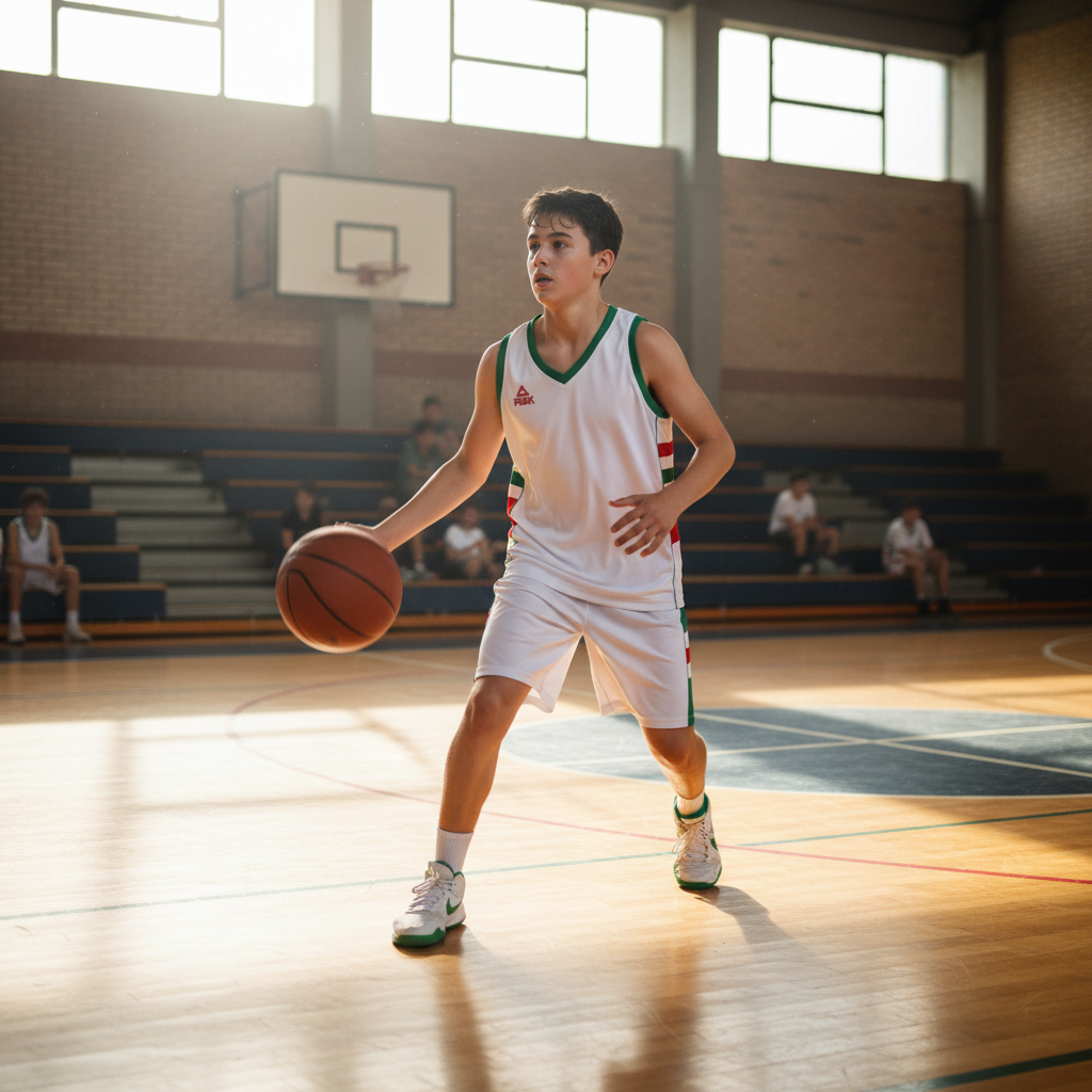 14-year-old boy wearing white basketball jersey