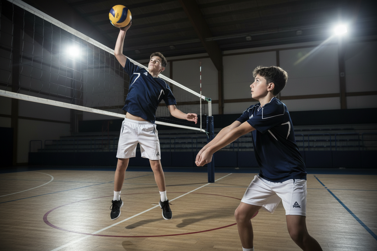 14 year old boys in navy blue white PEAK uniforms playing volleyball