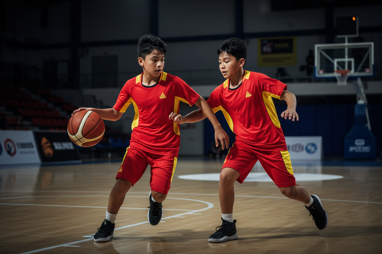 14 year old boys in red yellow PEAK uniforms playing basketball