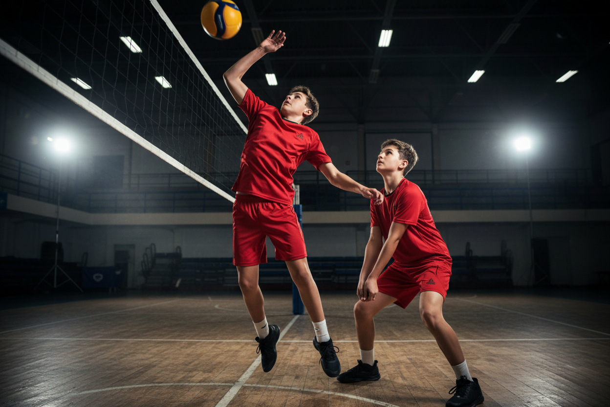 14 year old boys in solid red PEAK uniforms playing volleyball