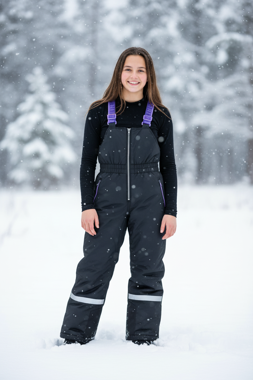 14-Year-Old Girl Wearing Black Snow Bib Overalls with Purple Straps - Lifestyle Photo