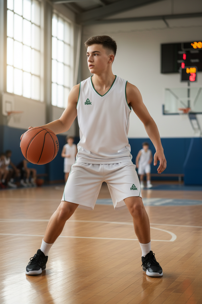 15-year-old boy wearing white basketball uniform
