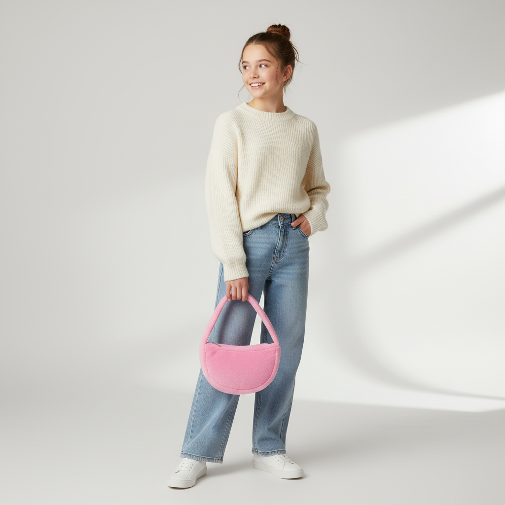 15-year-old girl holding pink furry handbag