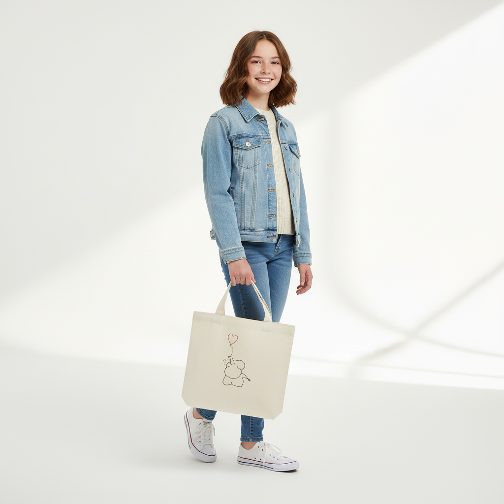 16-year-old girl holding beige elephant tote bag