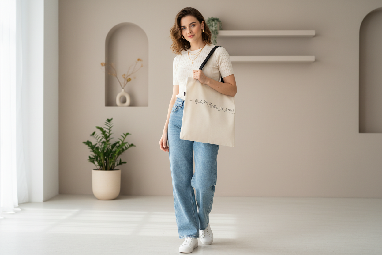 20-year-old girl holding Friends tote bag
