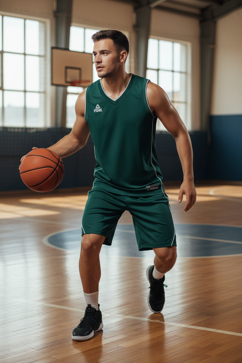 20-year-old man wearing dark green basketball uniform