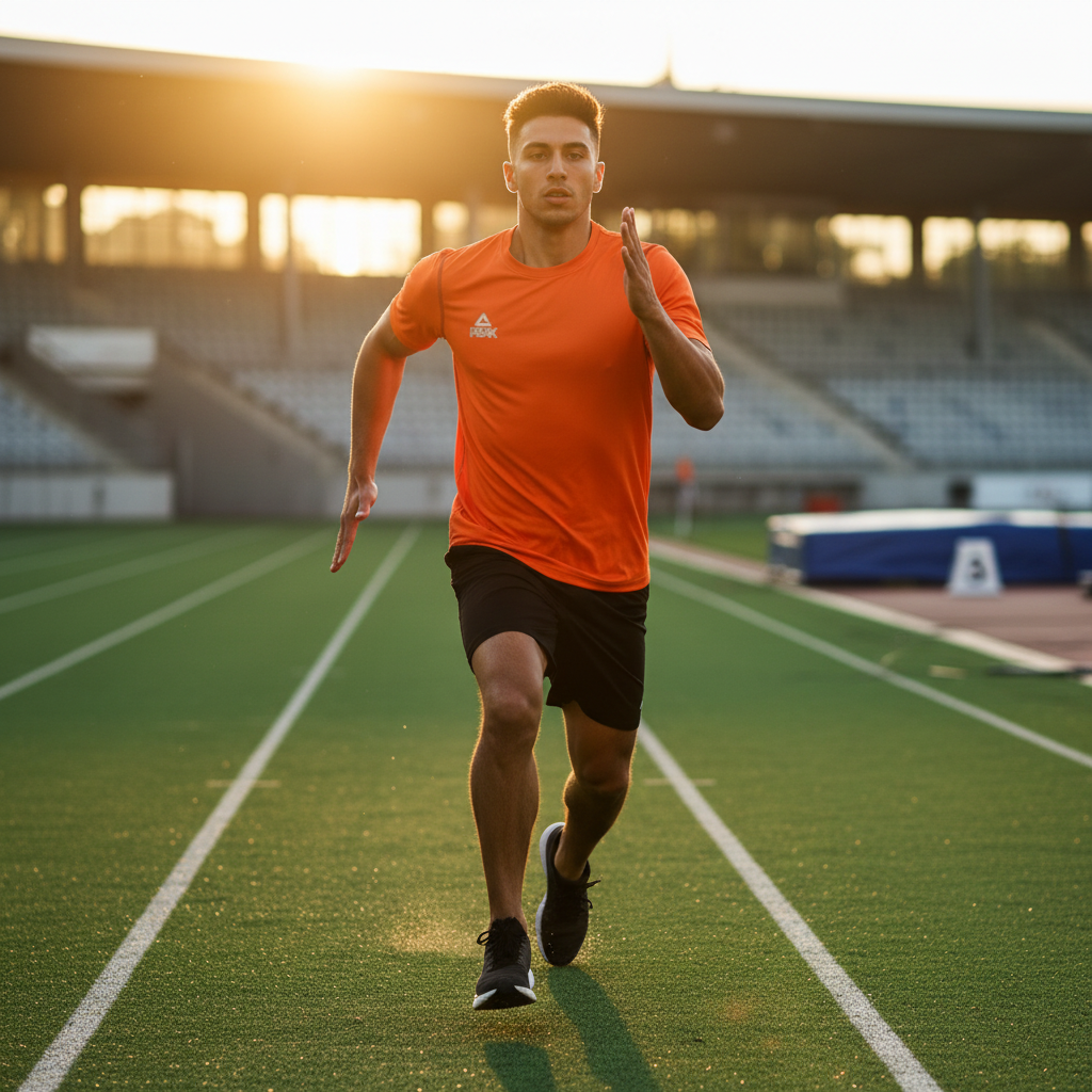 20-year-old person wearing orange Peak t-shirt doing sports