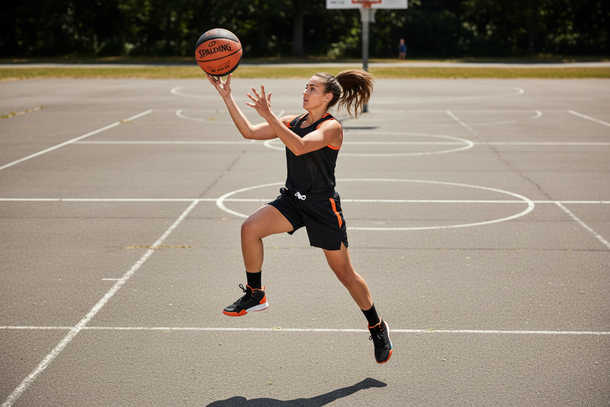 20-year-old woman playing basketball with Spalding FIBA ball