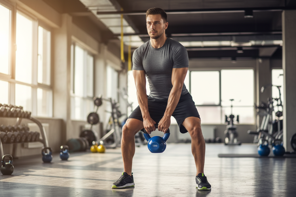 28-Year-Old Man Using 12KG Kettlebell at Gym