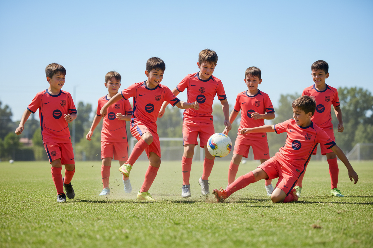 6 Kids Playing Football in Barcelona FC Kit