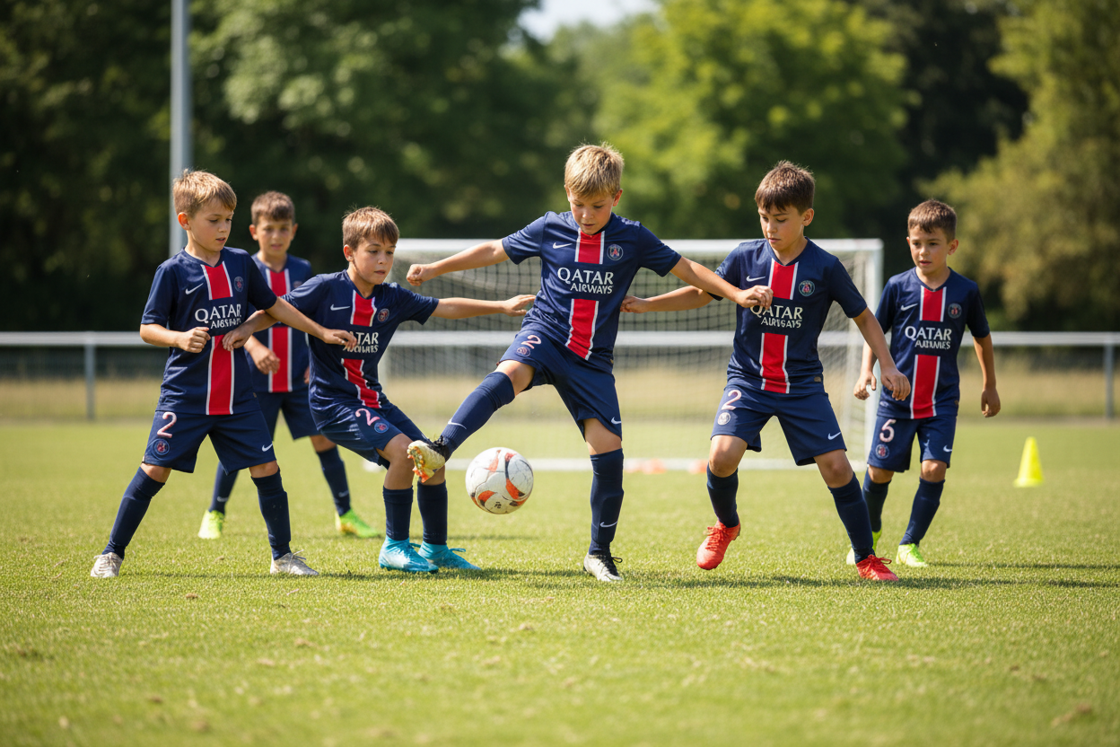 6 Kids Playing Football in PSG Navy #2 Kit