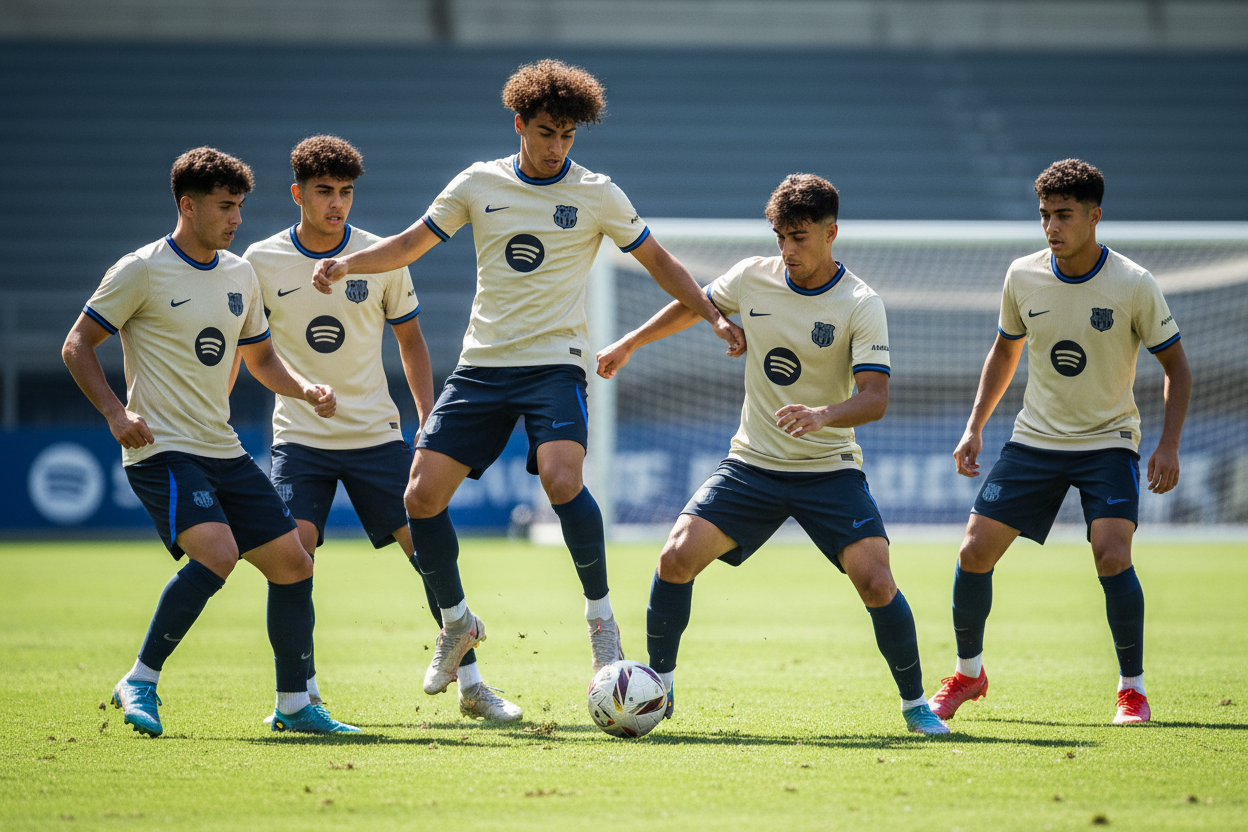 6 Young Adults Playing Football in Barcelona Cream Kit