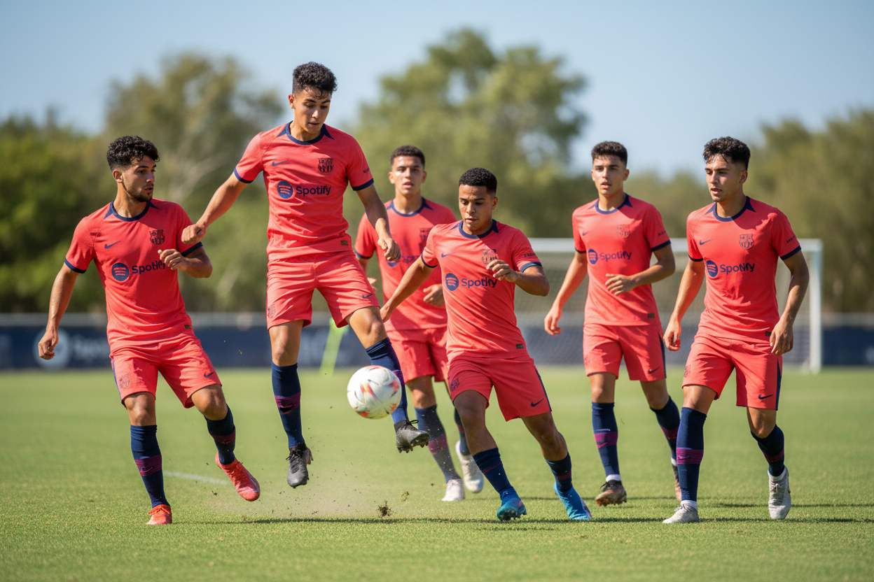 6 Young Adults Playing Football in Barcelona FC Kit