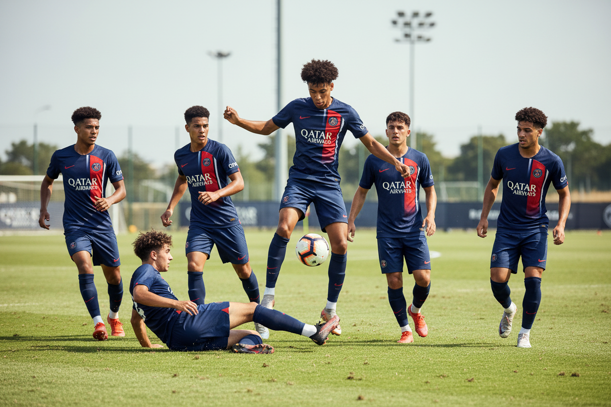 6 Young Adults Playing Football in PSG Kit