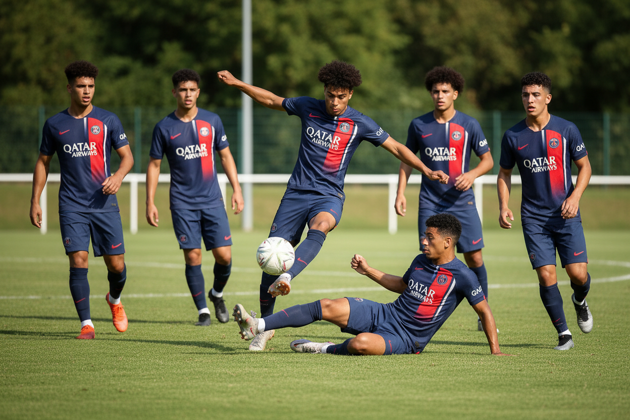 6 Young Adults Playing Football in PSG Navy Home Kit