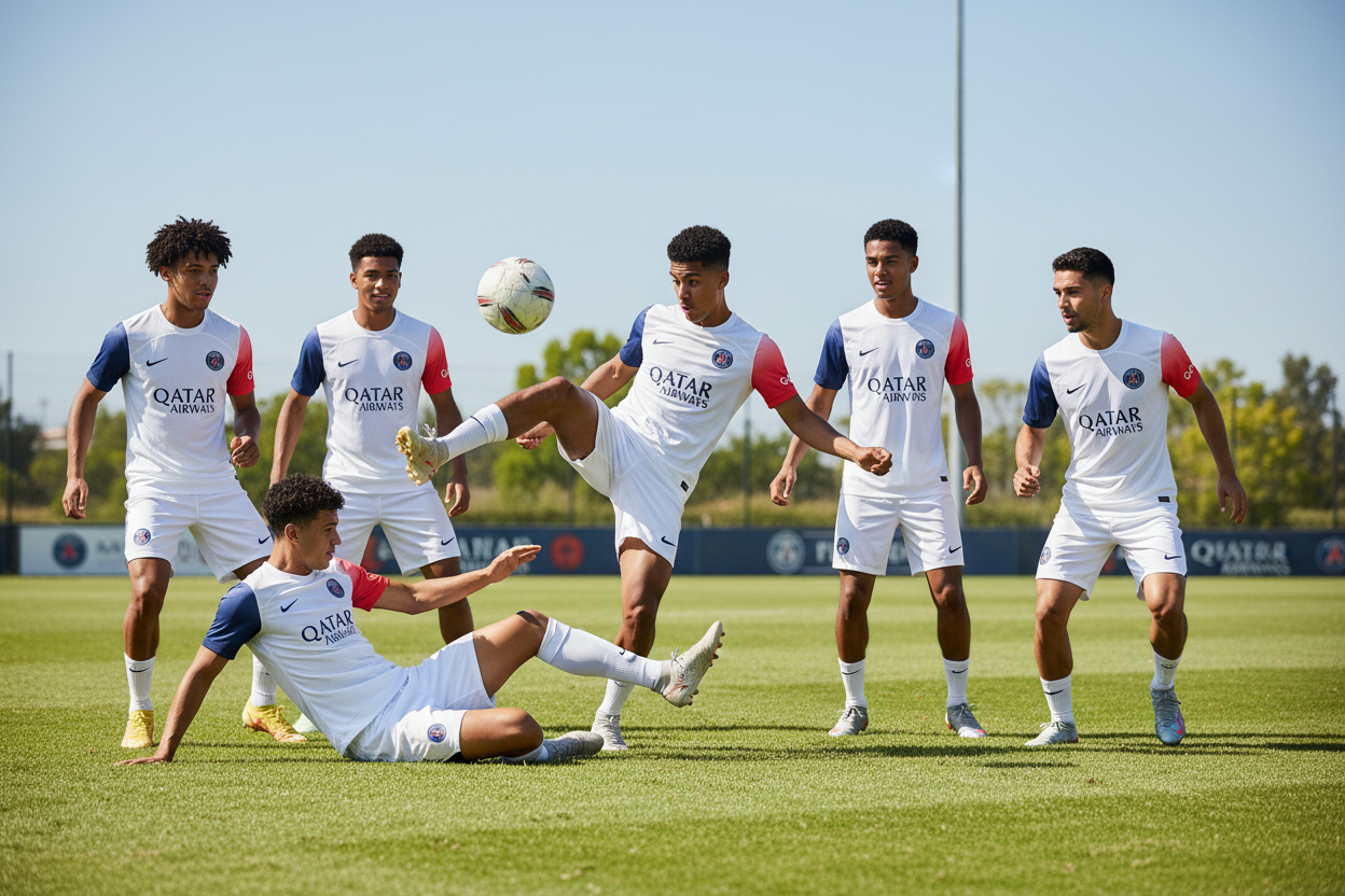 6 Young Adults Playing Football in PSG White Away Kit