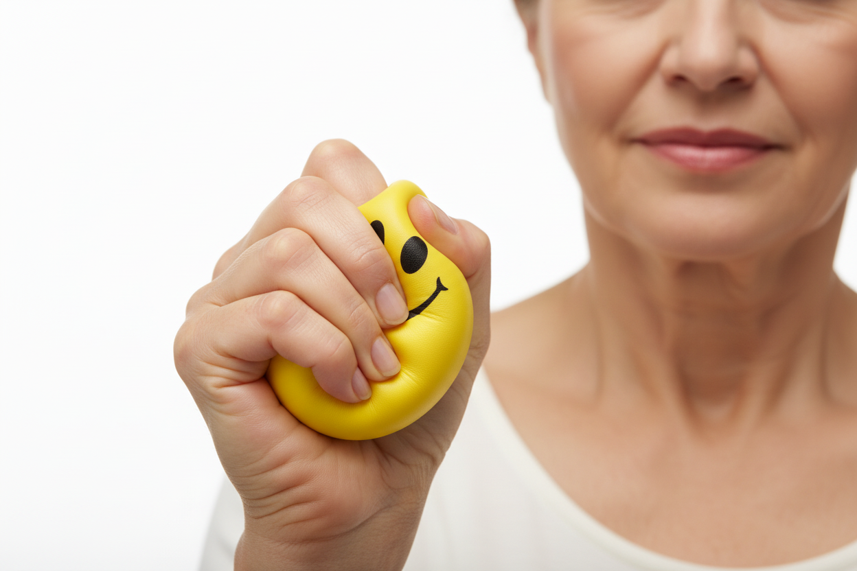 60-year-old woman with yellow stress ball