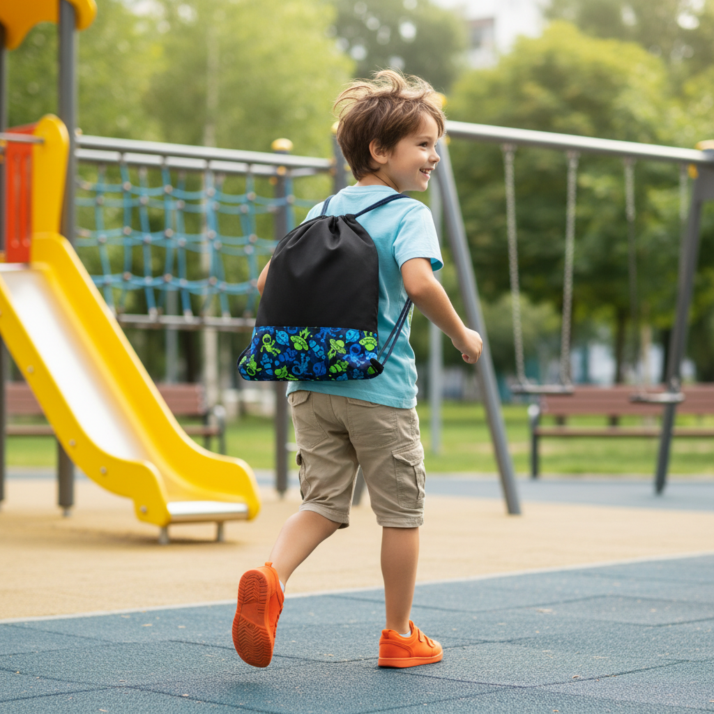 8-year-old boy carrying black and blue space drawstring bag in playground