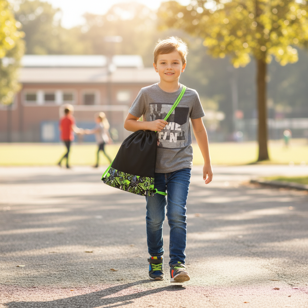 8-year-old boy carrying black and neon green skull drawstring bag