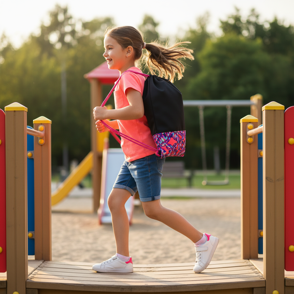 8-year-old girl carrying black and tropical pattern drawstring bag in playground
