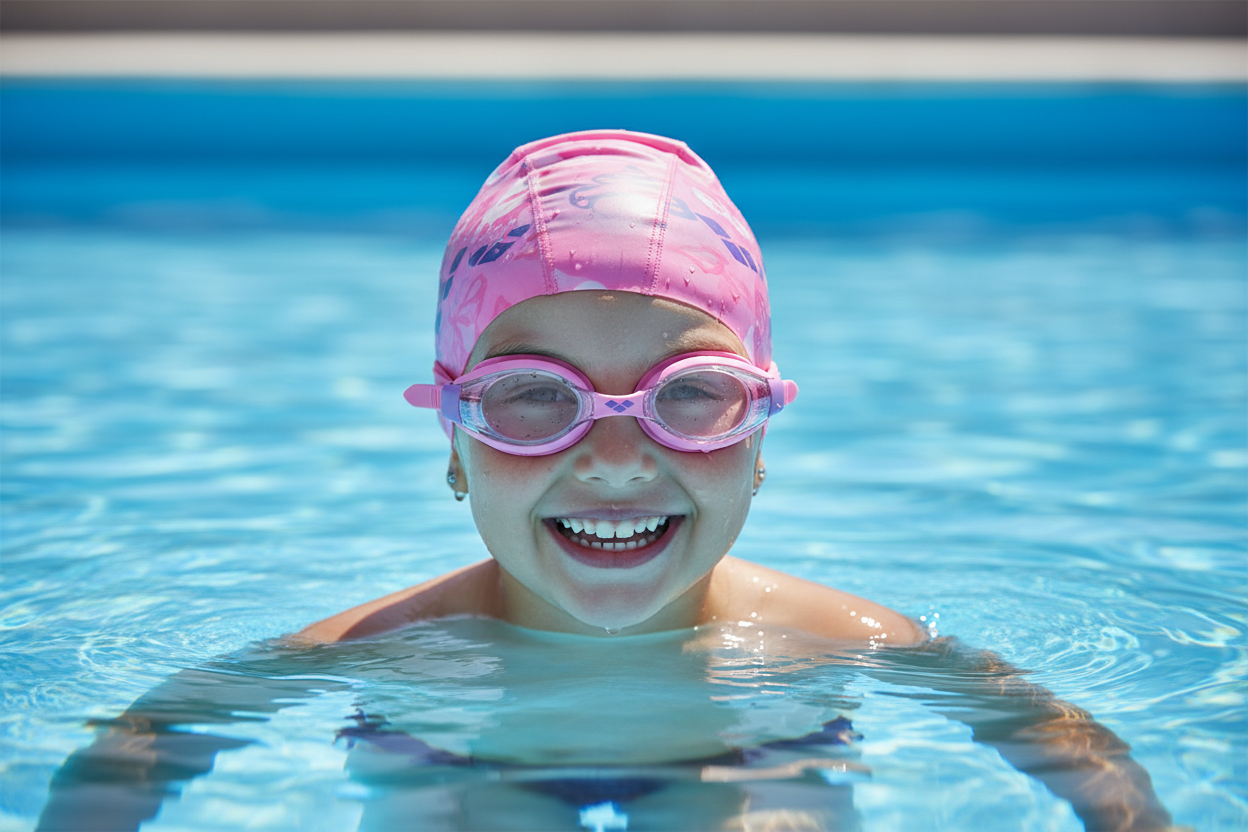 8 year old girl wearing pink Arena Bubble 3 Junior goggles in pool