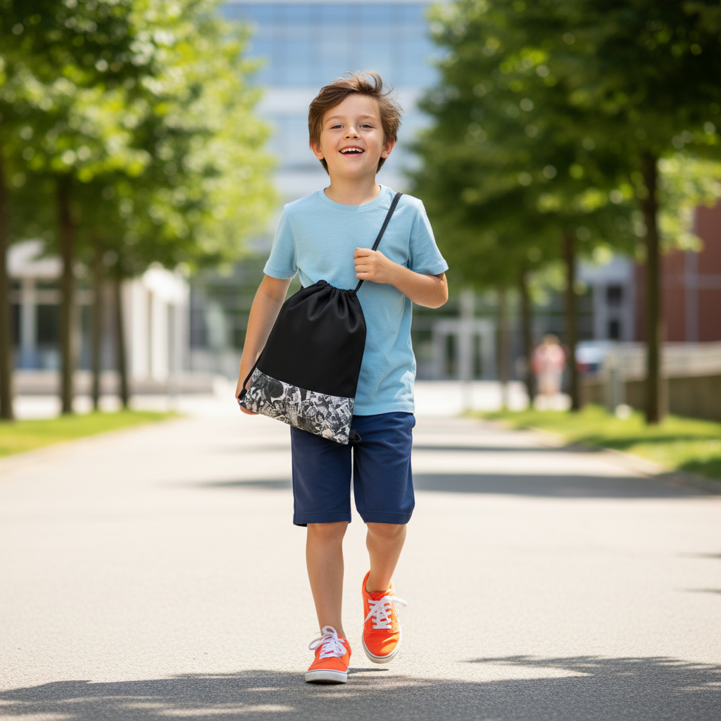 9-year-old boy carrying black and grey spider web drawstring bag