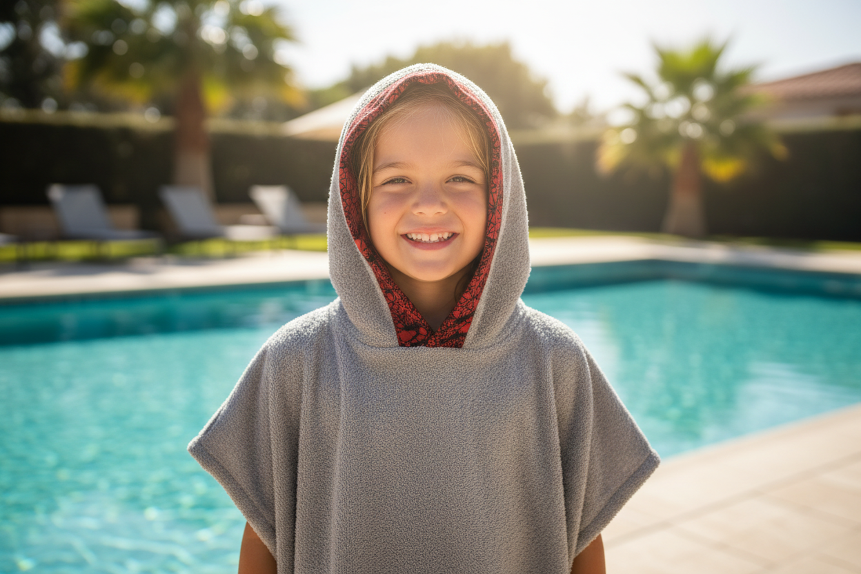 9-year-old child wearing gray poncho with red hood at pool
