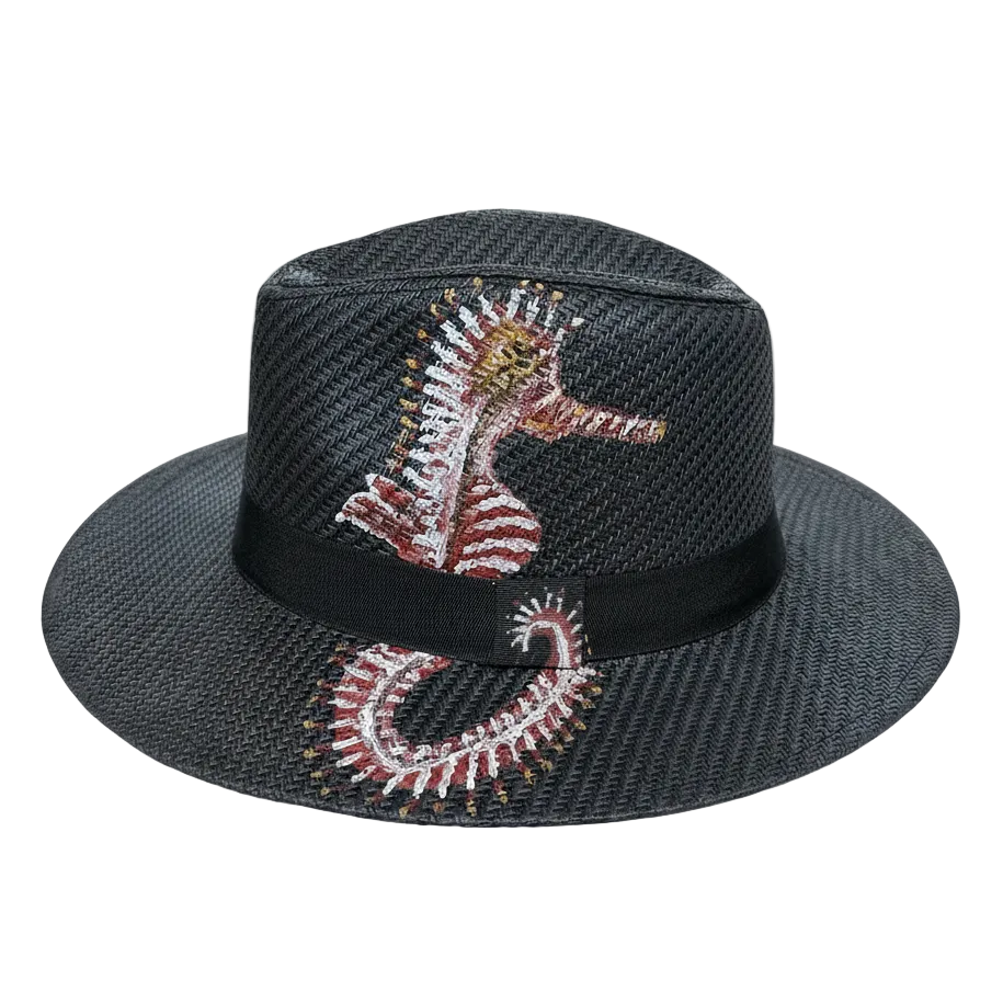 Hand-Painted Seahorse Black Straw Fedora Hat