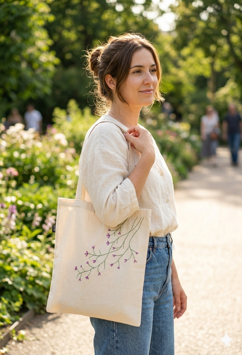 Tote Bag Off/White Embroidered Flower