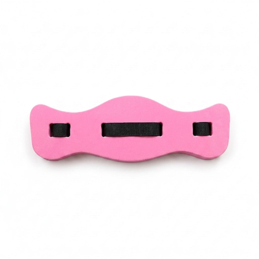 Child wearing pink foam swim belt at pool for buoyancy and water safety training
