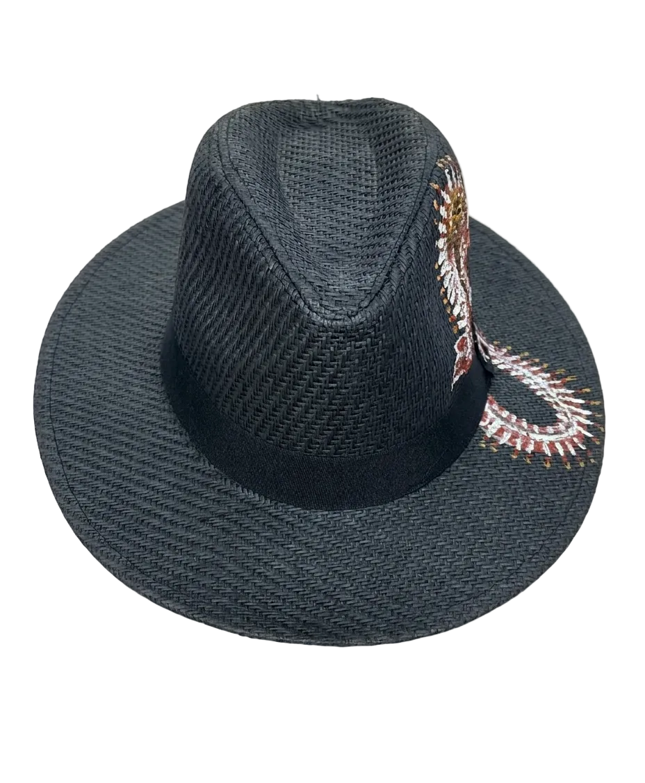 Hand-Painted Seahorse Black Straw Fedora Hat