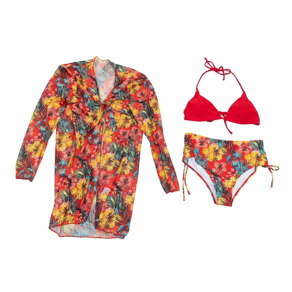 Swimsuit (Maillot) Three-Pieces Floral/Red/Orange