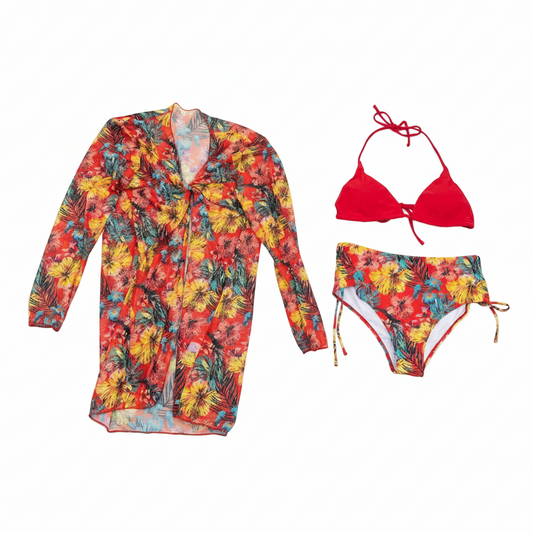 Swimsuit (Maillot) Three-Pieces Floral/Red/Orange