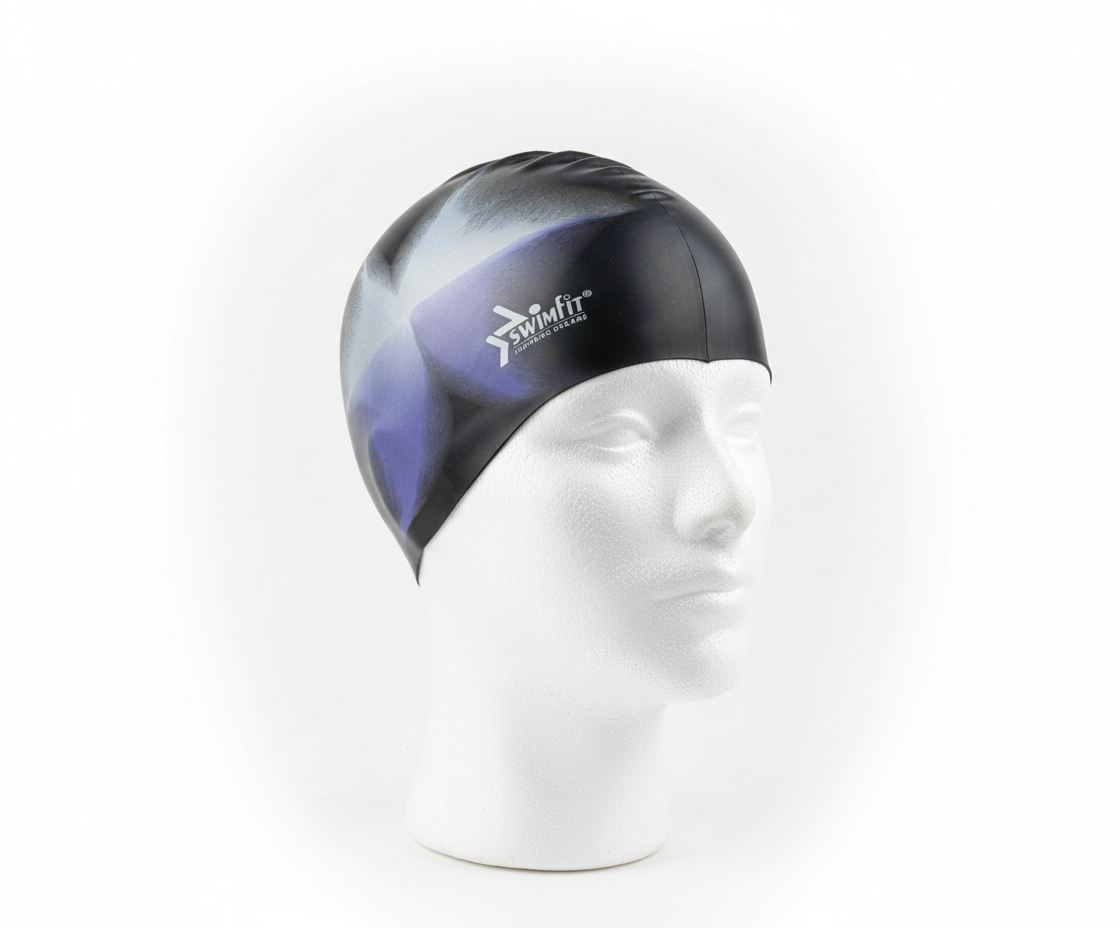 Silicone Swim Cap Bonnet Black Grey/Purple