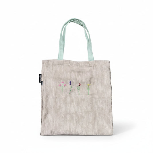 Tote Bag Beige Embroidered Flower