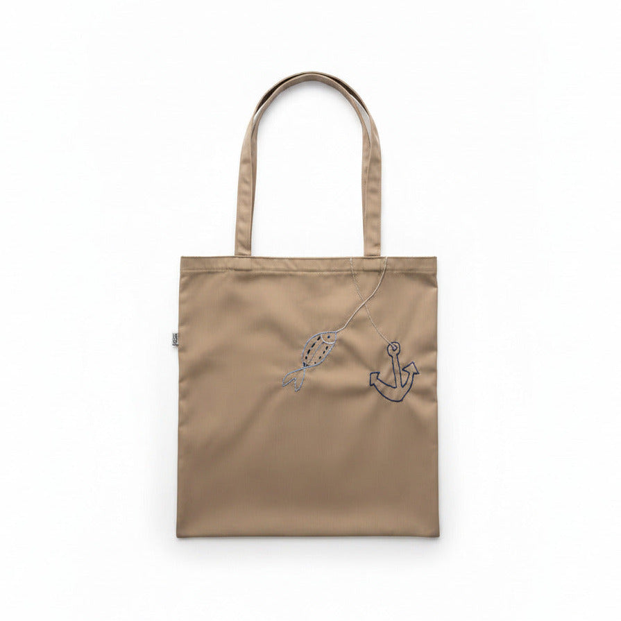 Tote Bag Brown Blue Fish Embroidered