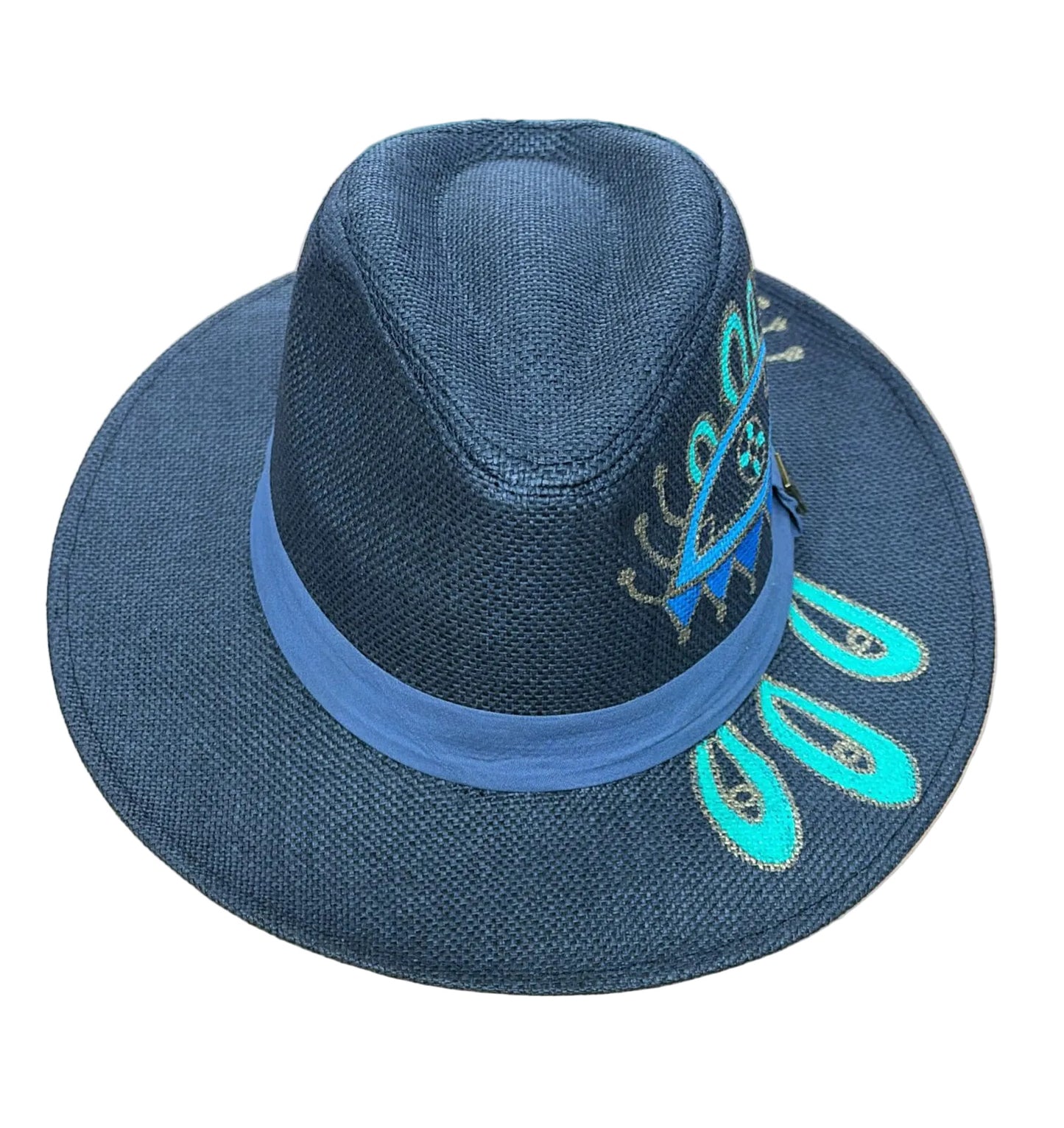 Hand-Painted Evil Eye Navy Blue Panama Fedora Hat