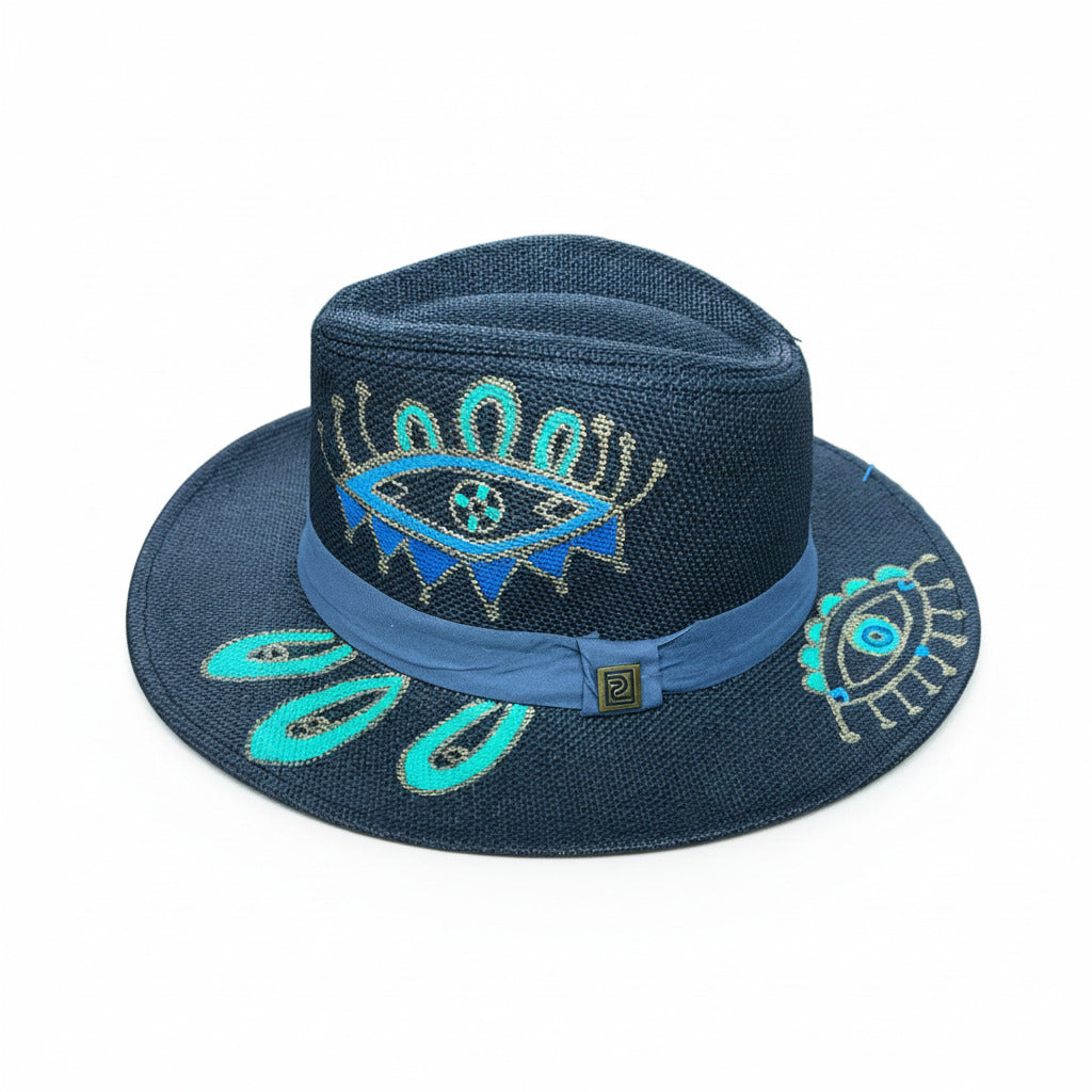 Hand-Painted Evil Eye Navy Blue Panama Fedora Hat