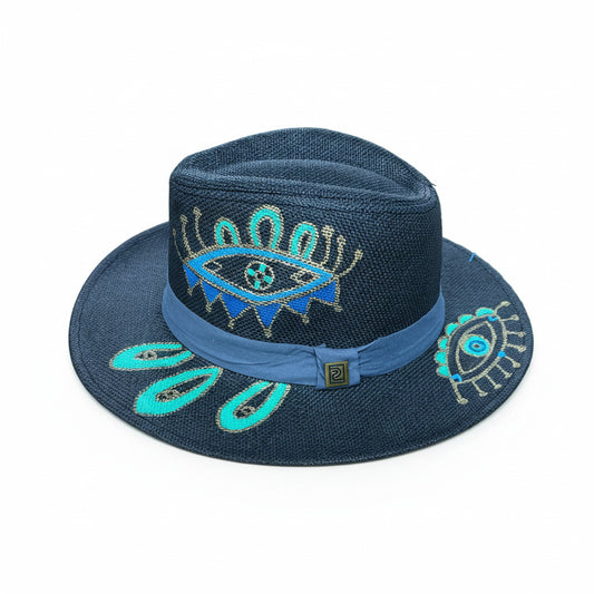 Hand-Painted Evil Eye Navy Blue Panama Fedora Hat