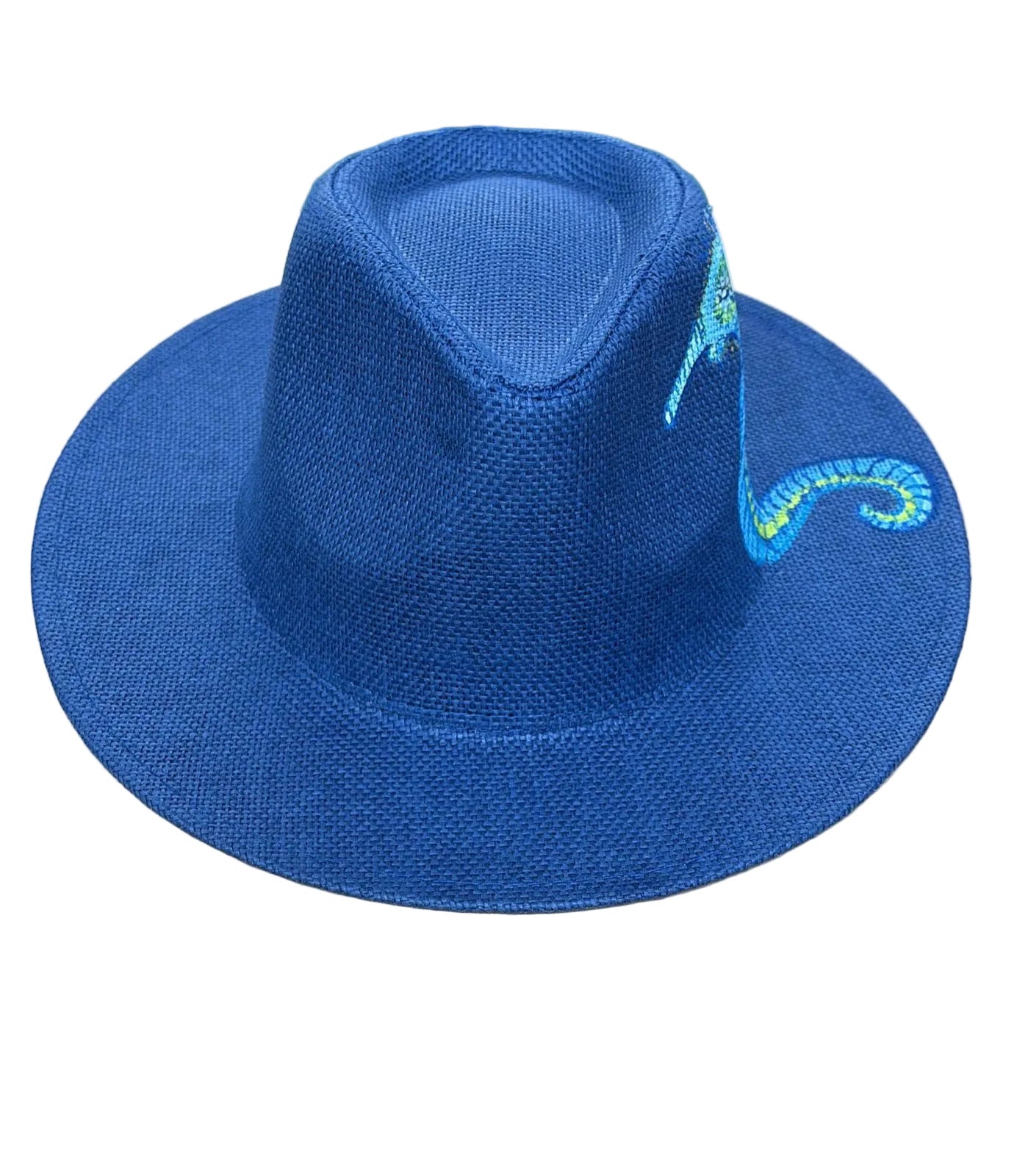 Hand-Painted Seahorse Navy Blue Straw Fedora Hat