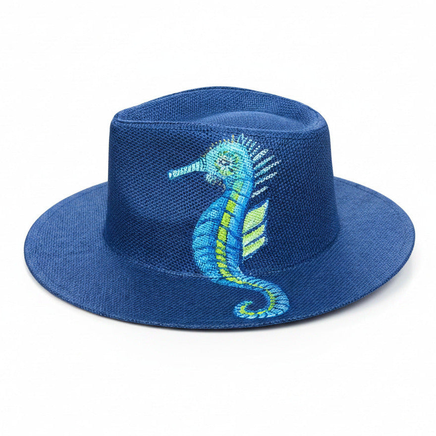 Hand-Painted Seahorse Navy Blue Straw Fedora Hat