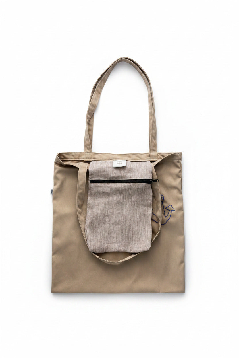 Tote Bag Brown Blue Fish Embroidered