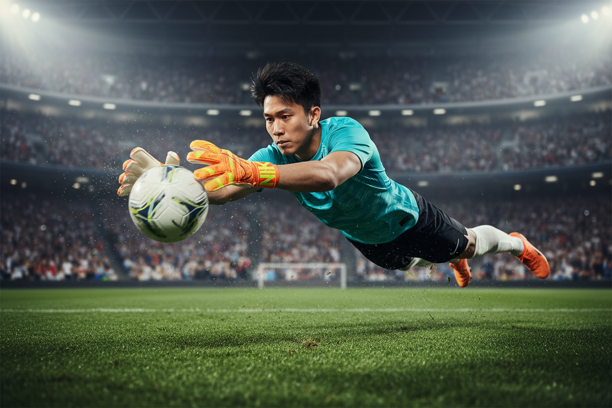 Adult goalkeeper wearing orange Nike gloves in action
