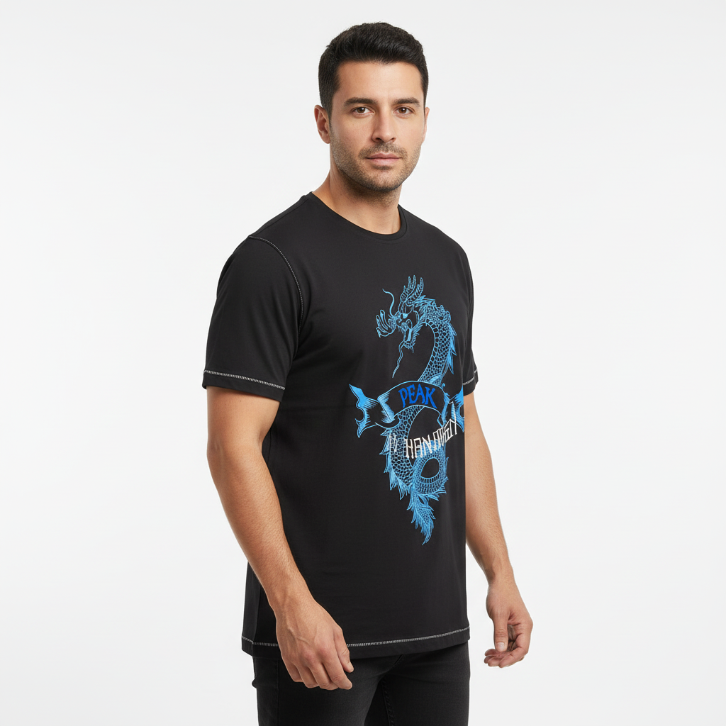 Adult Male Wearing Blue Dragon Peak T-Shirt Studio