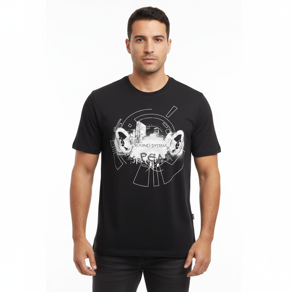 Adult Male Wearing Sound System T-Shirt Studio