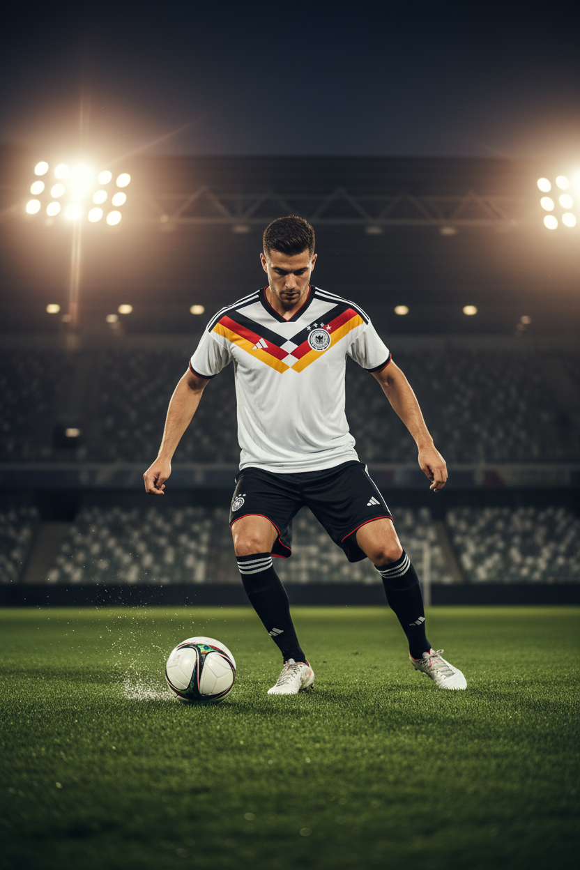 Adult playing football in Germany Adidas kit